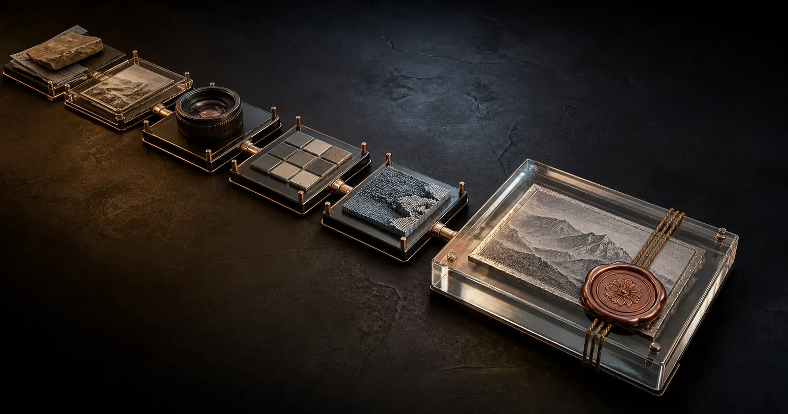 A chain of sealed translucent artifacts connected to their source materials and production steps