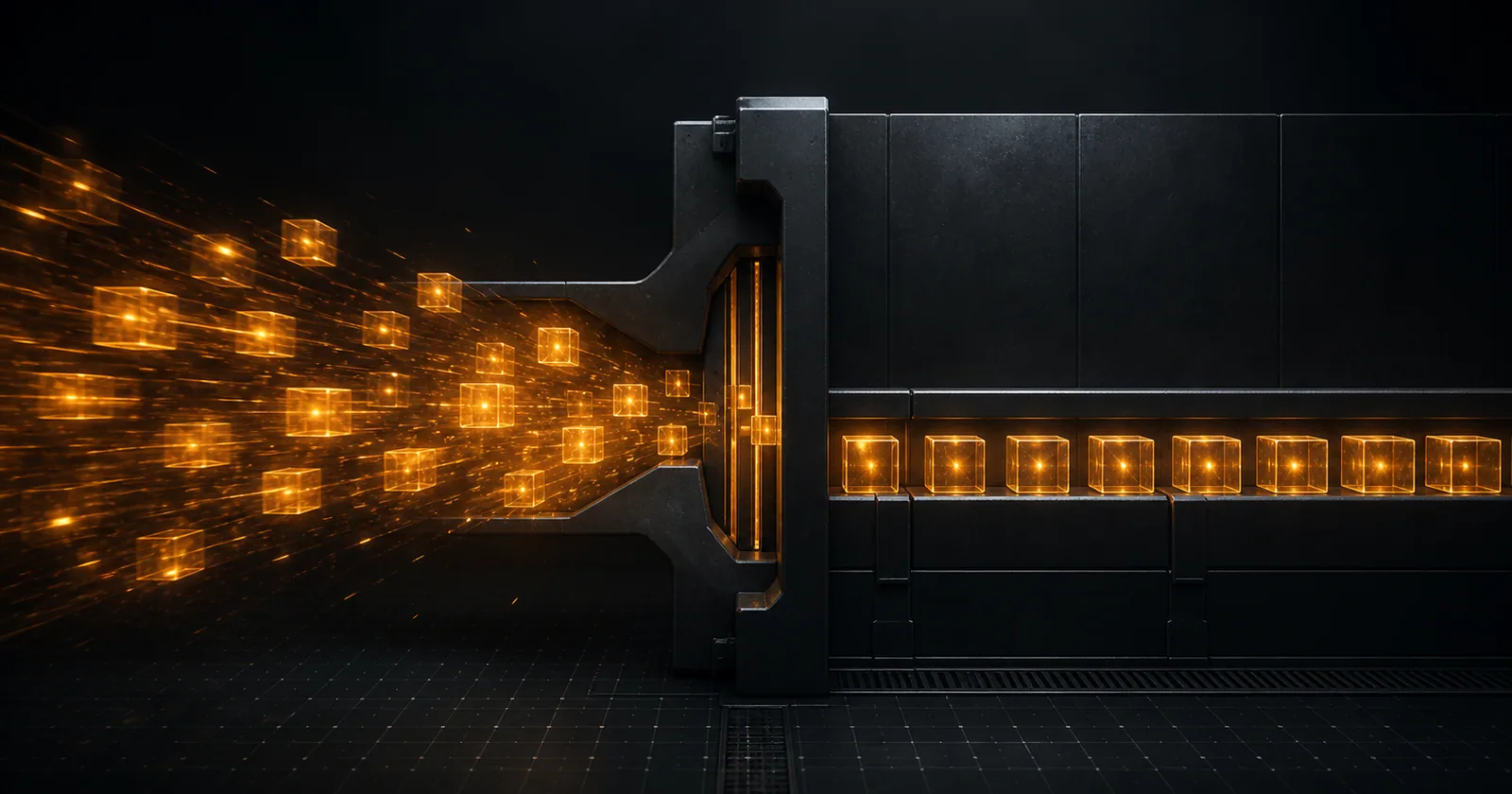 A controlled stream of luminous work units passing through a narrow mechanical gate