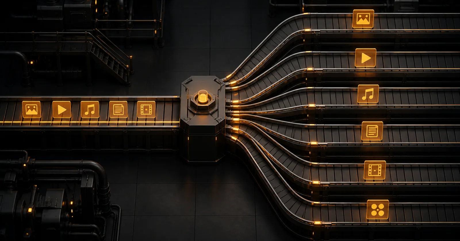 A precise media conveyor dividing into several clearly bounded decision paths