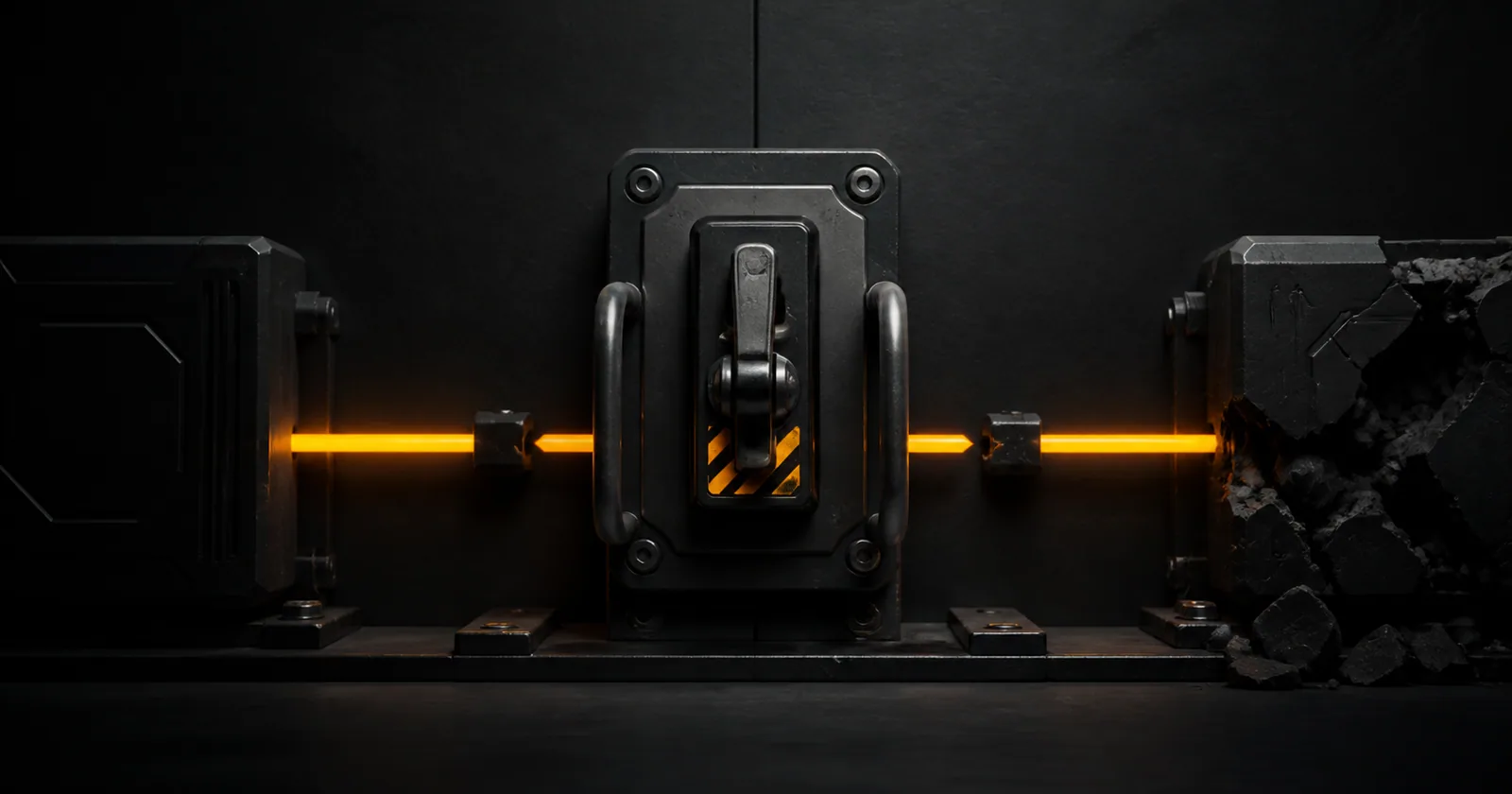 A glowing circuit pathway interrupted by a deliberate amber safety switch