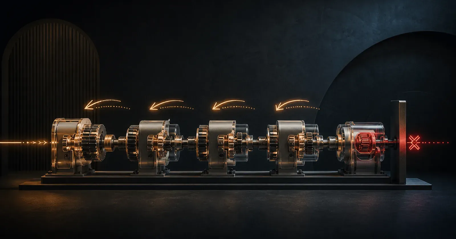 A precise mechanical sequence reversing its completed movements after one stage fails