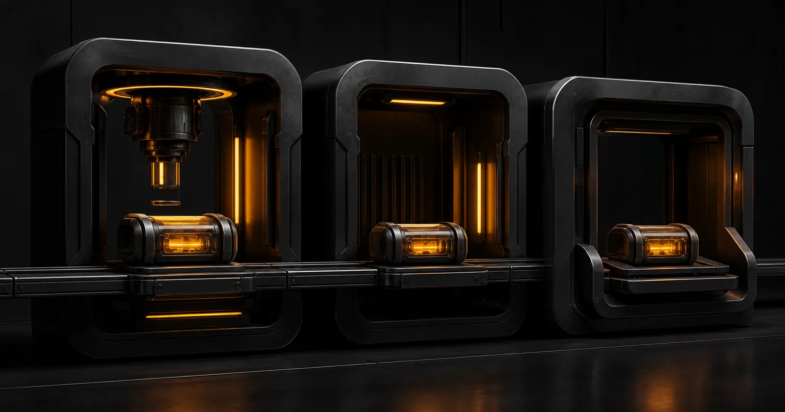 A durable job capsule moving through distinct working, input, and completed stations