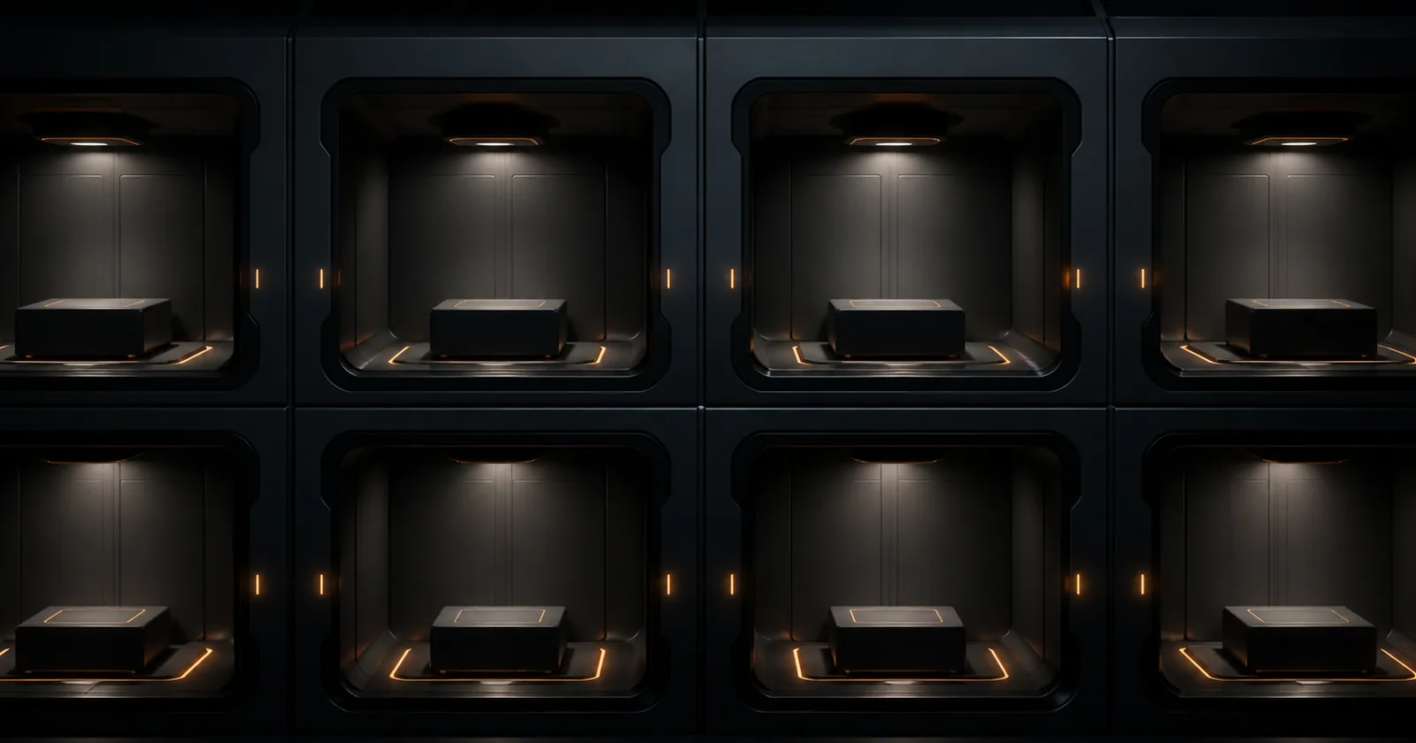 Separate illuminated work cells divided by thick dark boundaries inside one shared machine