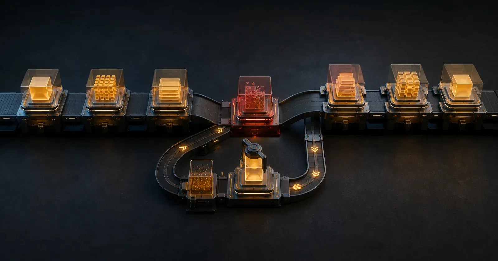 A modular workflow conveyor reversing selected completed stages while preserving unaffected work