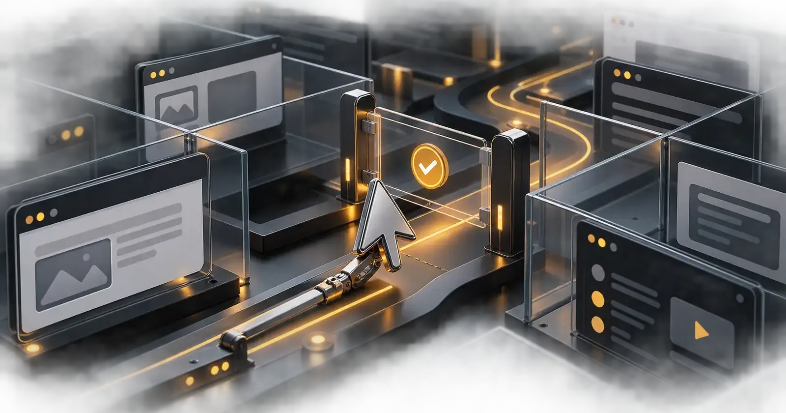 A mechanical cursor navigating a browser-like maze behind a transparent safety barrier