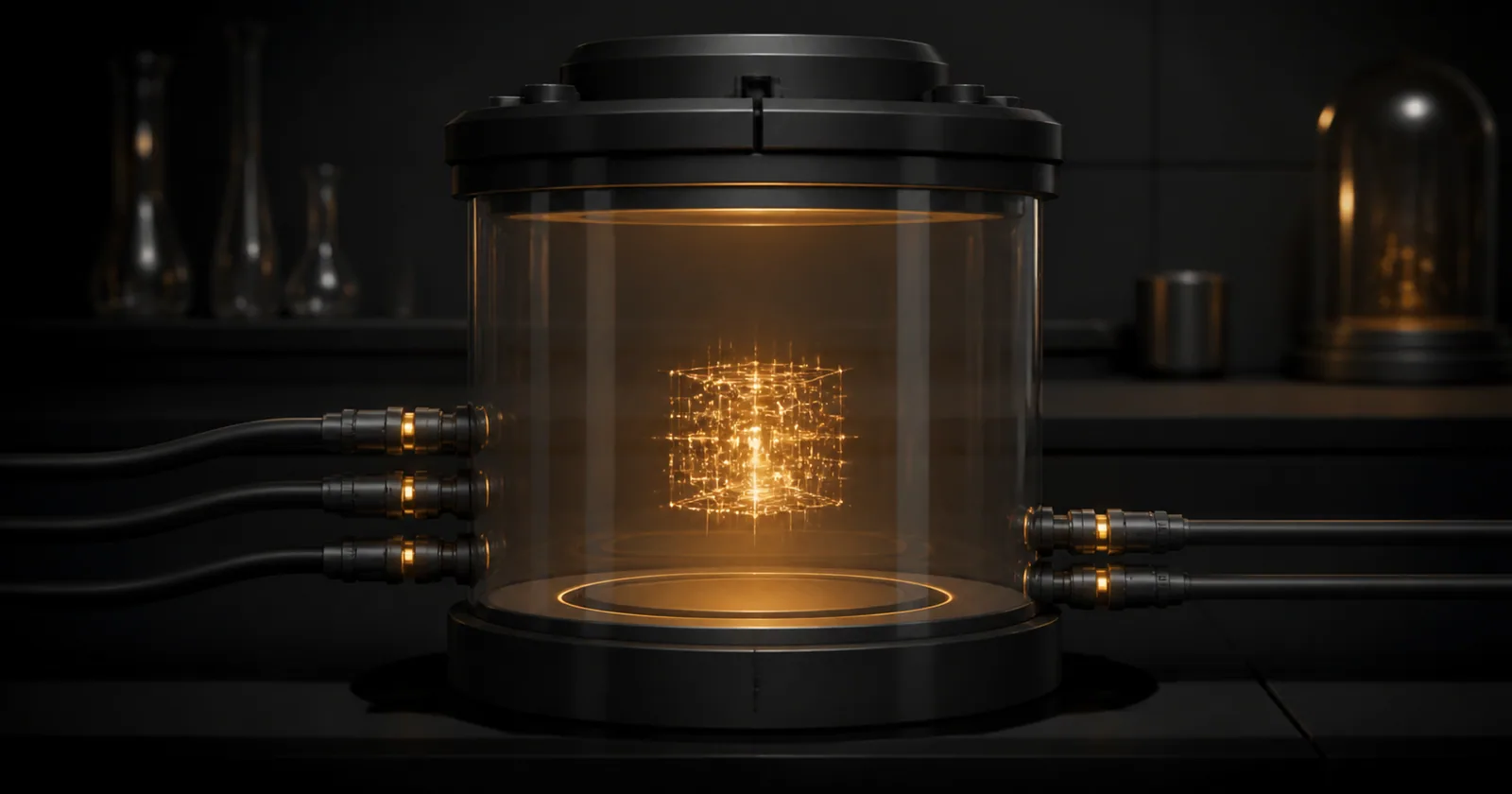A small luminous program running inside a sealed transparent chamber with controlled ports