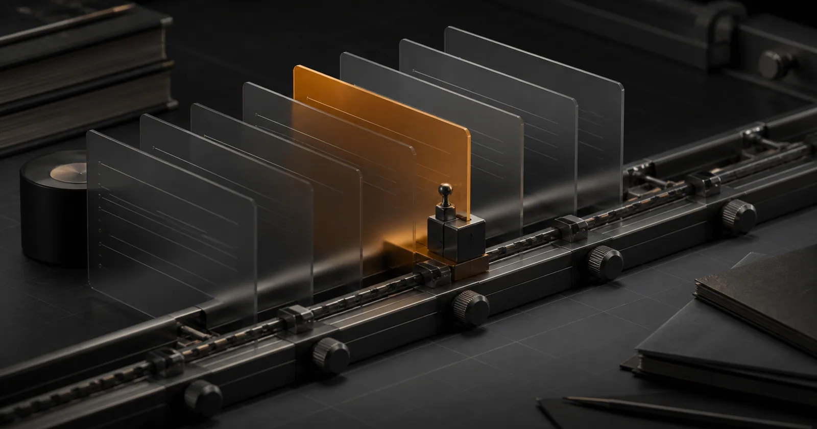 Layered translucent instruction cards moving through a precise version-control track